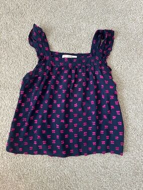 LOFT Navy Top with Hot Pink Floral Motif